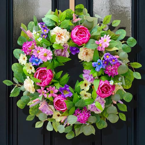 Spring Wreaths for Front Door Outside 24 Inch Spring Door Wreath with Pink Peony,Rose and Blue Hydrangeas, Handmade Silk Summer Wreaths for Front Door Home Wall Window Proch Seasonal Decor - color: Peony