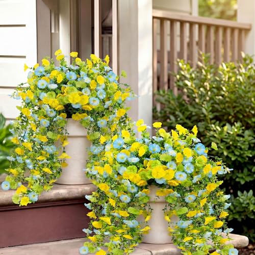 Artificial Hanging Flowers for Outdoors Spring Summer Decor, 4 Bundles UV Resistant Colorful Silk Faux Morning Glory for Outdoor Planters, Garden, Front Porch, Patio, Yard Decor(Yellow Blue Green) - color: Yellow Blue Green