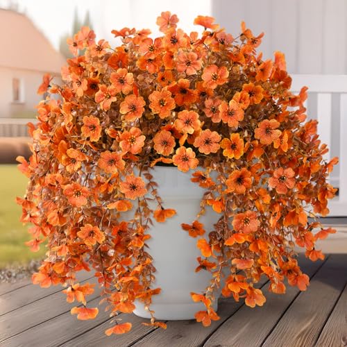 Homsunny Artificial Fake Fall Flowers Faux Mums for Outdoor Decoration, 2 Pcs Fake Silk Daisy Flower Plants Realistic UV Resistant for Home Porch Balcony Patio Autumn Decor(Orange - color: Orange