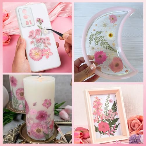 50pcs Pink Pressed Flowers Bulk, Romantic Dried Flower Leaves, Natural Pressed Dried Flowers with Tweezer for DIY Crafts Resin Mold Candles Cake Bridal Scrapbooking Supplies - size: Pink 50pcs