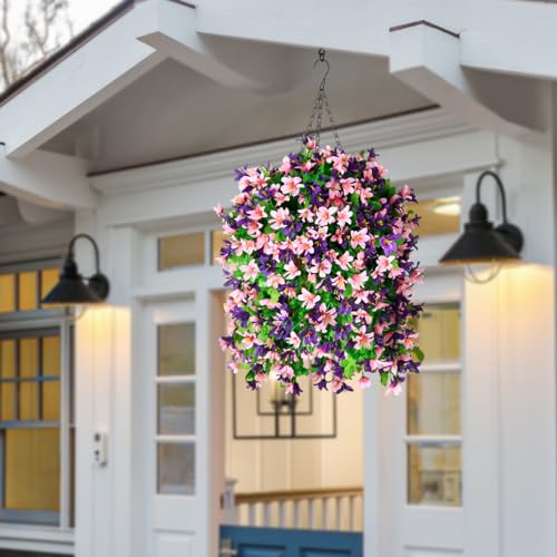 INQCMY Artificial Hanging Flowers in Basket for Outdoor Spring Summer Decoration,4pcs Faux Silk Violet in Planter UV Resistant for Outside Home Patio Garden Porch Deck Decor(Pink Purple) - color: Pink Purple