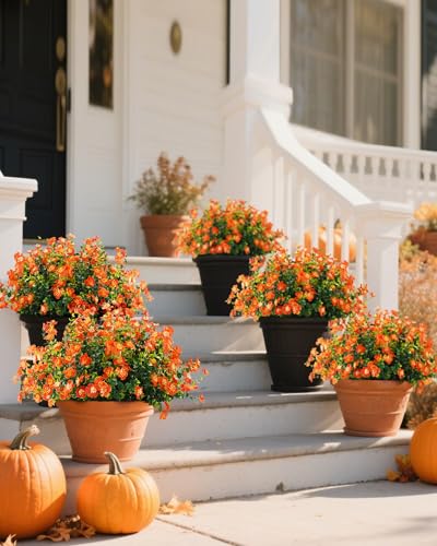 Artificial Fall Flowers for Outdoors, 12 Bundles Fake Orange Flowers for Outdoor Planters, Faux Mums with Silk Flowers for Porch Decor Garden Patio Home Aesthetic (Pure Orange) - color: Pure Orange