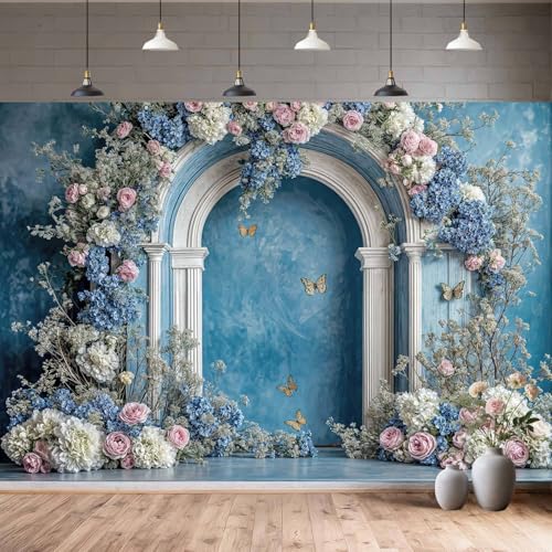 6X4ft Retro Blue Flower Backdrop Blue Hydrangea Floral Butterfly Arch Photography Backdrops European Style Bridal Shower Party Banner for Interior Portrait Photoshoot Photo Booth Wallpaper Decor - color: Multi12, size: 6X4ft