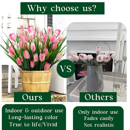 12 Bundles 60 Heads Artificial Tulips Fake Flowers Outdoor UV Resistant Silk Tulip Faux Plastic Greenery Shrubs Plants for Outside Planter Porch Garden Patio Decor (Pink) - color: Pink