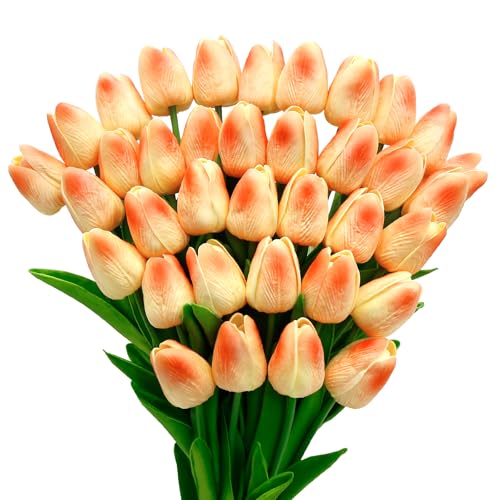 36 Pcs Tulips Artificial Flowers, 13 Inches Real Touch PU Fake Tulips for Wedding Bouquets, Home Decor - color: Champagne