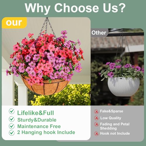 Artificial Outdoors Flowers with Hanging Basket, UV Resistant Fake Hanging Flowers for Spring Summer Decoration, Faux Silk Plants with Planters for Porch Home Patio Balcony Yard (Rose Red, Purple) - color: Purple&rosered, size: 1PCS