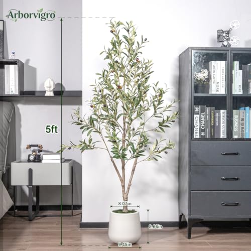 Artificial Olive Tree 5FT Tall Faux Olive Tree Artificial Indoor with Natural Wood Trunk and Lifelike Fruits Realistic White Planter Potted for Home Office Living Room Decor