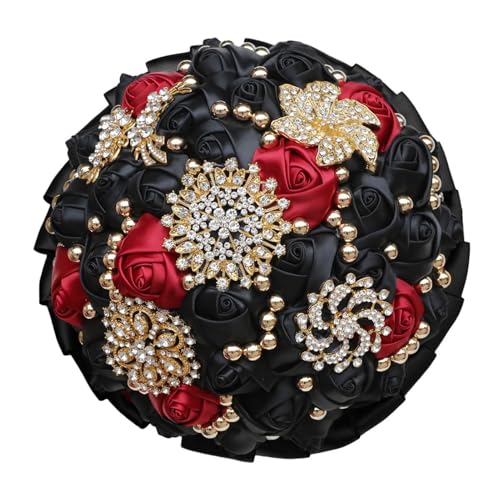 Bridal Wedding Bouquet Luxury Gold Rhinestone Brooch Bouquet for Bride Bridesmaid Quinceanera Satin Rose Artificial Flower Bouquet Wedding Black and Burgundy 7.1in - color: Black & Burgundy (Black Handle), size: Diameter: 7.1 inches