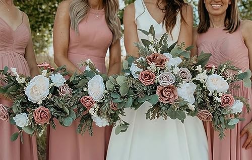 Laelfe Artificial Flowers Dusty Pink Roses Fake Silk Flower Long Stem Artificial Roses for Home Wendding Bathroom Party Decorations - color: Dusty Pink