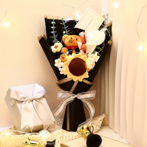 HyDren Graduation Gifts Large Graduation Crochet Flower Bouquet with Bear Sunflower Daisy Card Knitted Flower Bouquet Decorations Crochet Grad Bear CLAS of 2026 Gifts 14.95 x 11.81 Inch