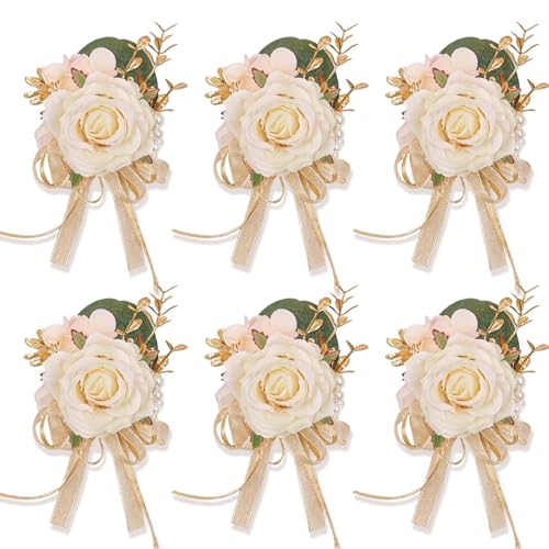 Rose Wrist Corsage for Girls Women Bride Bridesmaid, Set of 6, Champagne Hand Flower Wedding Artificial Flowers for Prom Party - color: Champagne1# Wrist Corsage (Set of 6)