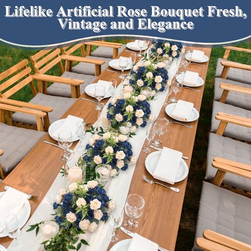 Zeyune 8 Pack Artificial Mini Dark Blue and Champagne Roses 12 Inch Fake Flowers with Stems 80 Small 1.6 Inch Flower Heads Silk Mini Rose Bouquets for Wedding Bridal Bouquets Home Party Decor - color: Dark Blue and Champagne