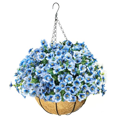 Artificial Hanging Flowers for Outdoors with Basket,UV Resistant Realistic Faux Hanging Plants Outdoor Artificial Flowers for Outdoors Basket for Yard Porch Patio,12 Bundles(Blue White) - color: Blue and White
