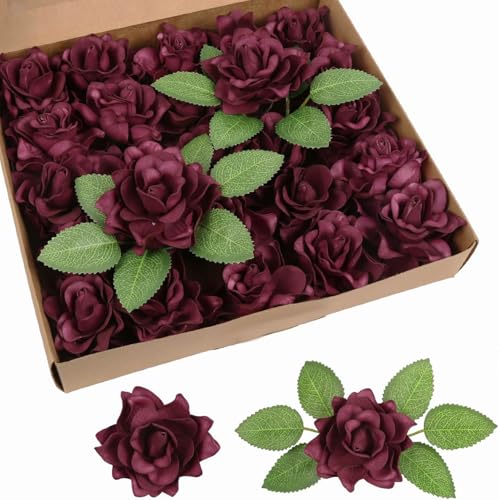 IPOPU Artificial Gardenia Flowers 25PCS 3.15’’ Burgundy Artificial Foam Roses Bulk Fake Flower Heads with Stems for DIY Wedding Bouquets Party Home Centerpieces Decor(Burgundy) - color: Burgundy