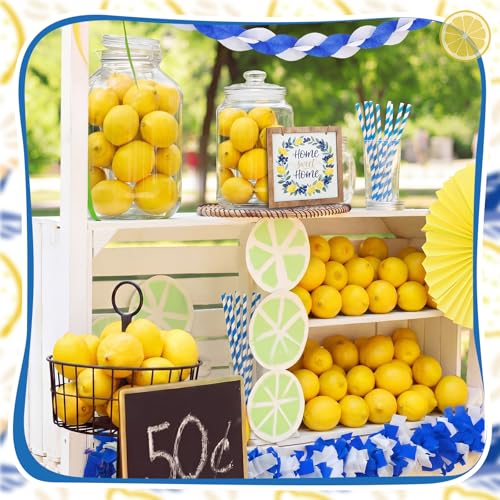 Norme 63 Pcs Artificial Lemon Decoration for Home Centerpiece, Faux Yellow Lemons, Artificial Fake Lemon Leaves and Wooden Desktop Sign Decor for Home, Kitchen, Party Decor, Photography Props - style: Lemon Style 2
