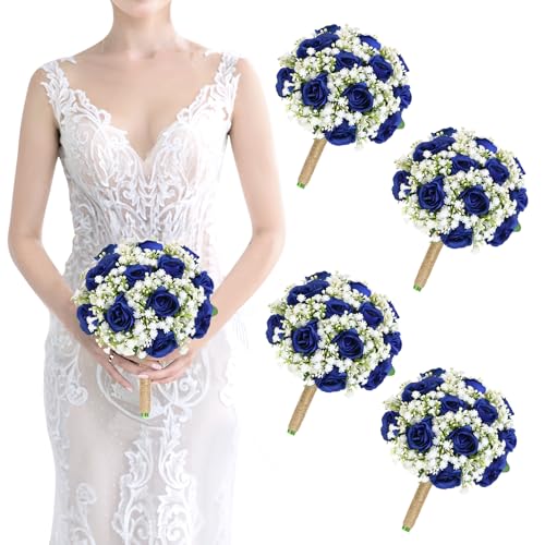 Artificial Bridesmaid Bouquets Set of 4 for Wedding-7 inch Navy Blue Flowers Bouquets for Bridesmaids, Faux Rose Gypsophila Rustic Small Floral Bouquet Fake Wedding Party Ceremony Anniversary Decor - color: Navy Blue, size: Set of 4 Bridesmaid Bouquets
