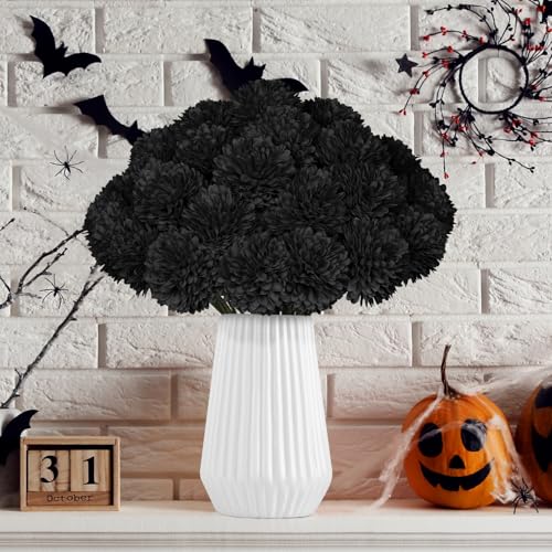 36 Pcs Black Artificial Chrysanthemums Flowers Ball Flower Silk Fake Mums Flowers for Halloween Ghothic Home Decor Indoor Floral Arrangement Table Centerpiece - color: Black