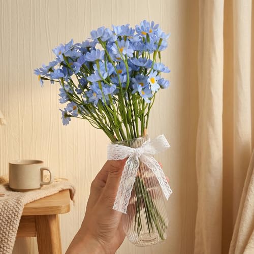 12 Stems Artificial Daisy Flowers 10'' Small Blue Silk Fake Daisies Faux Silk Daisy Flowers with Stems for Home Garden Wedding Party Table Centerpiece Decor(2 Bouquets)