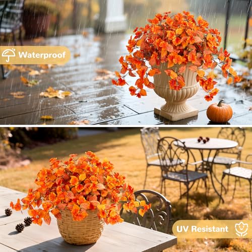 INXUGAO Fake Fall Flowers Artificial for Decoration 2PCS Faux Silk Fall Flowers Plants for Outdoors Outside Planters UV Resistant Looks Real for Front Door Porch Patio Garden Decor - color: Y3-orange
