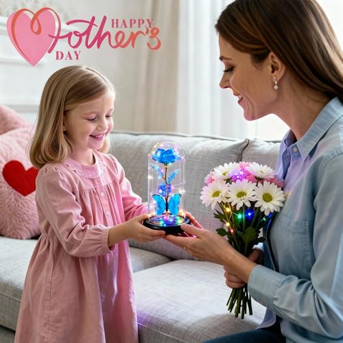 Gifts for Mom Birthday Gifts for Women Blue Rose Eternal Flower Light Up Rose in Glass Dome with Butterfly, Galaxy Crystal Flowers Gifts for Grandma Wife Daughter Her Delivery Prime - color: Sky Blue