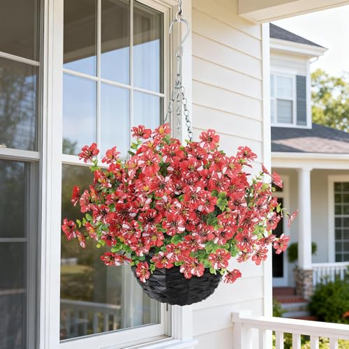 GLIDLION Artificial Flower & Eucalyptus with Hanging Basket - 2PCS Faux UV Sun Resistant Morning Glory in Planter, Fake Colorful Silk Flowers for Spring Summer Porch Patio Balcony Yard Decor (Red) - color: Red