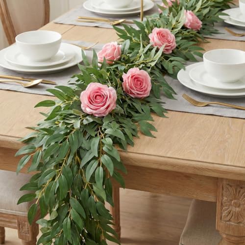 6.56Ft Artificial Vines Garland Silk Italian Ruscus Greenery for Table | 2Pcs Silk Greenery Garland Willows leaves Fake Hanging Plant Vines for Idoor Outdoor Table Centerpieces Wedding Party Mantle