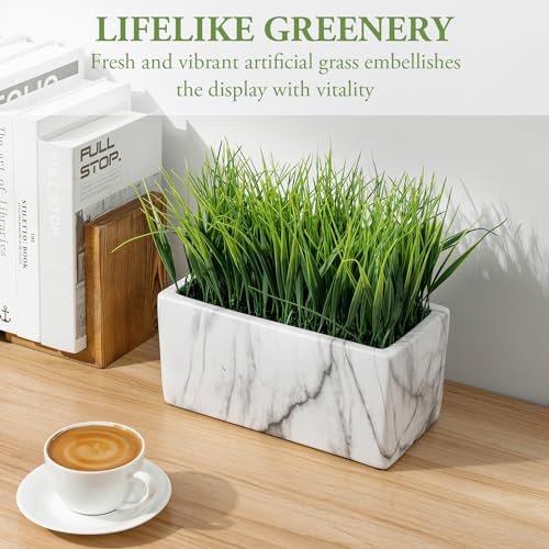 MyGift 10 Inch Artificial Green Grass Plant in Rectangular White Marble Pattern Ceramic Planter Pot - color: White Marble