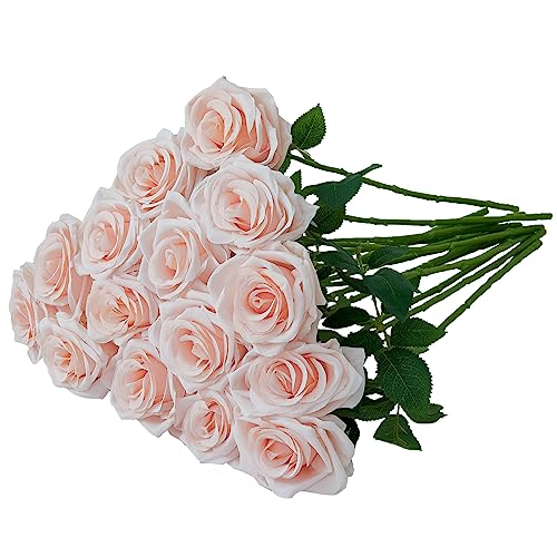 15pcs Blush Roses Artificial Flowers Silk Fake Flowers Realistic Pink Roses Bouquet Long Stemink for Wedding Home Party Birthday Decoration - color: Bush
