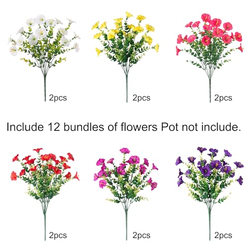 HyeFlora Artificial Flowers for Outdoors Fake Plants Outside Decoration, 12 Bundles Silk Colorful Morning Glory with Eucalyptus UV Resistant Realistic Faux Flowers for Planter Porch Patio Yard Garden - color: Six Mixed(2 Purple, 2 Red, 2 Fuchsia, 2 Hot Pi