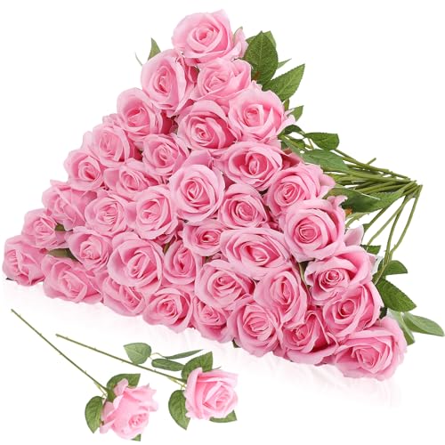 36 Pcs Silk Pink Roses Bouquet Bridal Artificial Flowers Mothers Day,Fake Rose Long Stem Realistic Artificial Flowers Bulk for Wedding Bouquet Ball Arrangement Centerpiece Party Decor - color: Pink