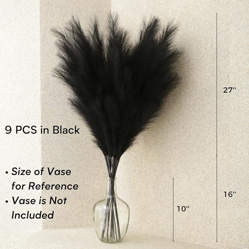 Faux Pampas Grass Tall, 9 PCS 43''/ 110 cm Large Black Pampas Grass Decor, Fake Pompas Branches, Long Feathers for Floor Vase, Boho Flower Arrangement for Home Wedding Decor (Black) - color: Black