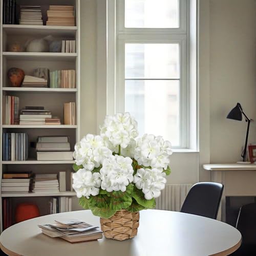 Briful Artificial Geraniums Flowers Potted Plant - 13.7'' Tall Faux White Silk Realistic Lush Geraniums Flowers in Basket, Indoor&Outdoor Decorative Plant, Farmhouse Home Porch Office Patio Table - color: White, Basket