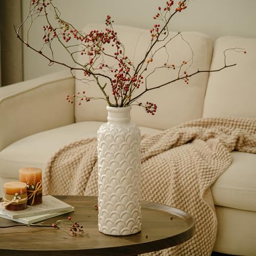 Ceramic Flower Vase, 13.98" Tall Rustic Farmhouse Decorative Vase for Home Decor, Beige Textured Pottery Vase for Pampas Grass, Living Room, Entryway, Mantel, Kitchen Table - color: 101-white