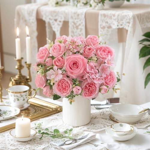 4 Pcs Mixed Artificial Peony Flowers Set-2 Bouquets & 2 Stems, Pink Fake Peony Rose Hydrangea Flowers for Vase Silk Floral Arrangements for Table Centerpiece Wedding Party Bridal Decoration Home Decor - color: Light Pink, size: Mixed 4pcs