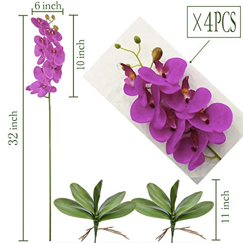 FagusHome 32" Artificial Phalaenopsis Flowers 4 Pcs with 2 Bundles Leaves Artificial Orchid Flowers Stem Plants for Home Décor (Purple) - color: Purple