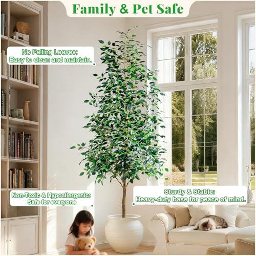 Bailikang 8FT Artificial Ficus Trees Indoor Faux Trees Indoor Fake Floor Plants Tall Artificial Tree with White Pot Faux Tree Fake Indoor Tree Silk Plants Artificial Trees for Home Decor Indoor - color: Green Leaf With White Pot, size: 8ft