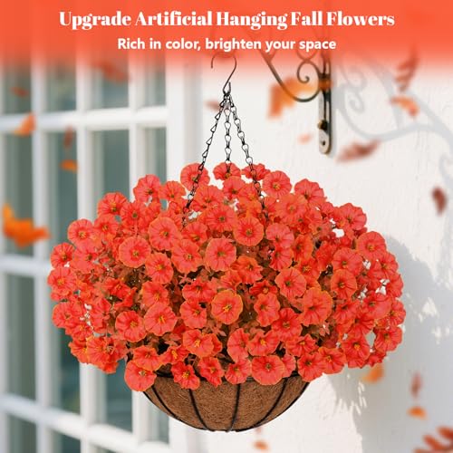 Yastouay 2 Pack Artificial Fall Hanging Baskets for Outdoors, Fake Hanging Plants Faux Petunias Flowers, Realistic UV Resistant Fall Flowers for Outdoors Porch Garden Patio Decor - color: Orange, size: 24 Bundles
