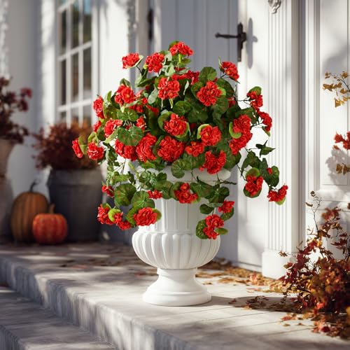 Artificial Geranium Flowers for Outdoor 2 Pcs Artificial Red Flower Fake Flowers with Stems Silk Realistic Look Real Floral Arrangement for Front Door Porch Planter Patio Balcony (2 Pcs Red) - color: 2 Pcs Red