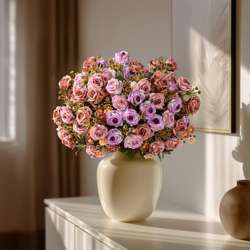 Artificial Rose Flowers for Outdoor 4 Bundles Rose Bouquet with Daisy Faux Flowers UV Resistant for Home Indoor Outside Garden Porch Window Box Balcony Yard Porch Fall Decor (Purple+Brown) - color: Purple+brown