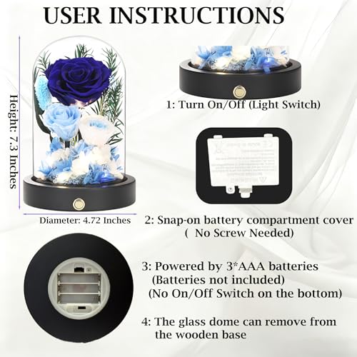Eternal Roses, Preserved Flowers in Glass Dome, Blue Forever Flowers for Delivery, Valentines Day Mothers Day Anniversary Birthday Gifts for Grandma Women Her Mom Girlfriend Wife - color: New Blue