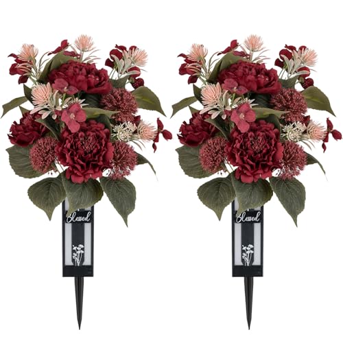 Red Cemetery Flowers for Grave: 2 Pcs Peony Grave Flower Bouquets for Cemetery Decorations - Spring Outdoor Gravesite Flowers with Vase - color: Red