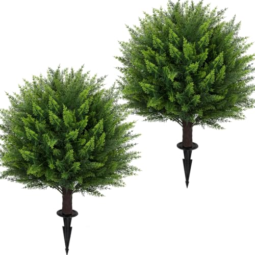 Artificial Cedar Topiary Ball Tree 23" with Ground Spike, Set of 2 Artificial Boxwood Bushes for Faux Shrubs, Fake Evergreen Faux Plant for Indoor Outdoor Porch Garden- UV Resistant – Fade-Proof - color: Cedar