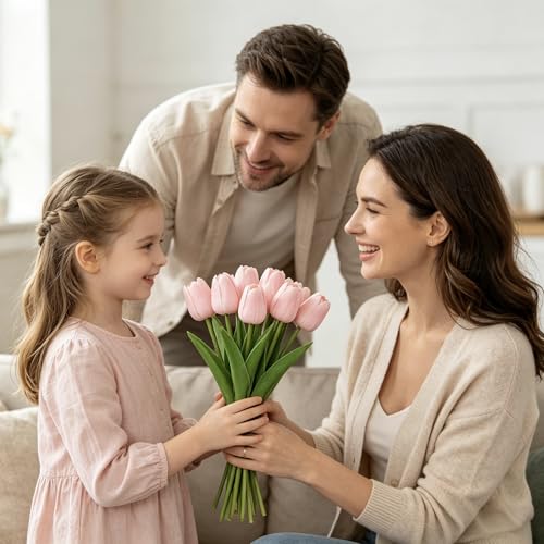 25Pcs Tulips Artificial Flowers, Faux Tulips Artificial Tulips Real Touch Tulip Fake Flowers Bouquets for Spring Wedding Home Kitchen Office Party Decor (Pink) - color: Pink