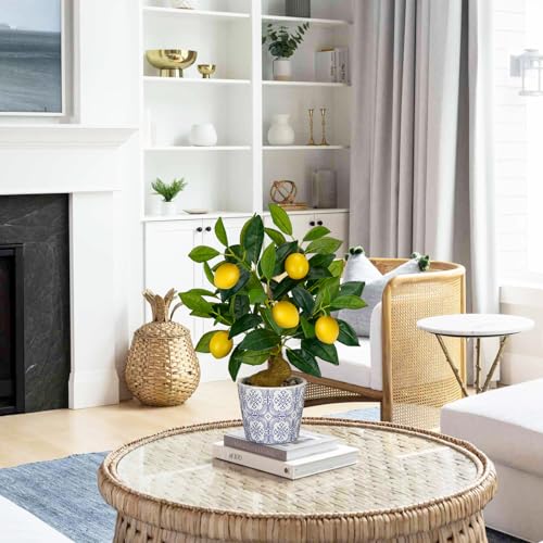 Artificial Potted Plants, 15.7 inches Small Fake Lemon Tree Artificial Lemons Citrus Tree with Blue and White Pot Faux Potted Plants Indoor Lemon Decorations for Home, Office, Living Room Table, Desk - style: Modern