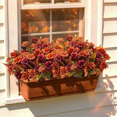 Fall Flowers Artificial for Decoration, 6 Bundles Fake Fall Flowers Faux Rose with Artificial Mums for Outdoors Front Porch Garden Patio Planter Home Table Centerpiece Fall Decor(Fall Red) - color: Fall Red