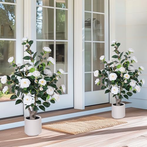 Yepdin 2 pcs Pack Artificial Camellia Tree with White Planter - 39 inch Tall Fake Tree,3.2 Ft Artificial Plants Indoor & Outdoor Housewarming Gift - color: 2pcs White Camellia Tree, size: 3ft 3in