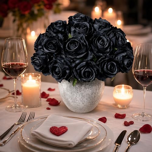 Ivydale 18pcs Black Roses Artificial Flowers, Fake Roses Silk Flowers with Stems Realistic Bouquet for Valentine's Day Wedding Party Home Decoration DIY Centerpiece Floral Romantic Gifts - color: Rose-black