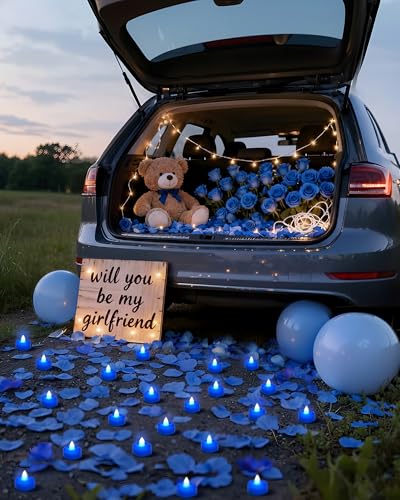 Amagic 2000 Pieces Blue Artificial Rose Petals with 24 Blue Heart LED Tea Lights, Rose Petals and Candles Set for Proposal, Anniversary, Romantic Night, Wedding Decor - color: 24 Pcs Blue Candles + 2000 Pcs Blue Petals