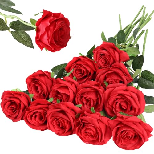 Hawesome 12PCS Artificial Silk Flowers Realistic Roses Bouquet Long Stem for Home Wedding Decoration Party (12pcs-red 1) - color: Red, size: 12Pcs Flowers