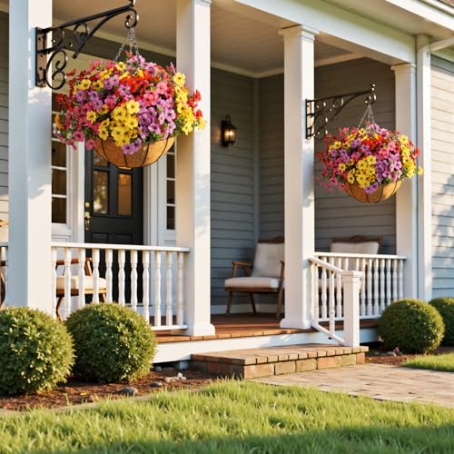 2 Set Artificial Outdoors Flowers with Hanging Basket, 2 Hanging Fake Flowers w/24 Pcs Flowers, Faux Silk Plants for Spring Summer Garden Patio Porch Home Decor (2, Rose Red, Purple, Yellow, Red) - color: 4 Multicolor, size: 2 Sets